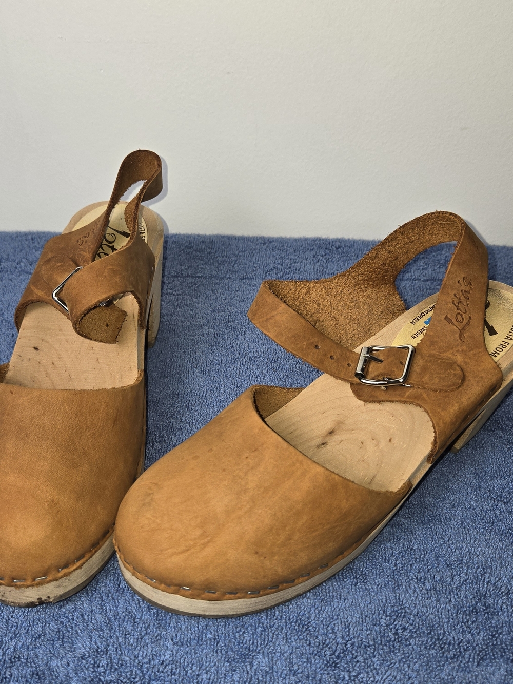 Tan Leather Clog Mules with Buckle Strap